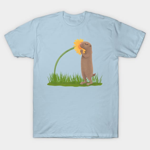 Cute prairie dog sniffing flower cartoon illustration T-Shirt by FrogFactory